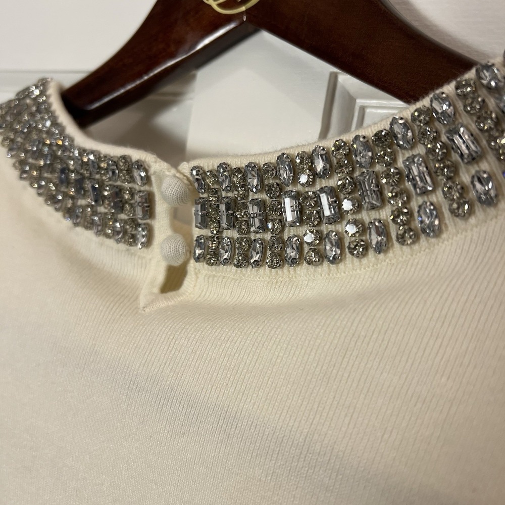 Talbots Jeweled Neckline Short Sleeve Knit Top Rhinestone Glitter Sweater‎ Cream - Picture 3 of 9